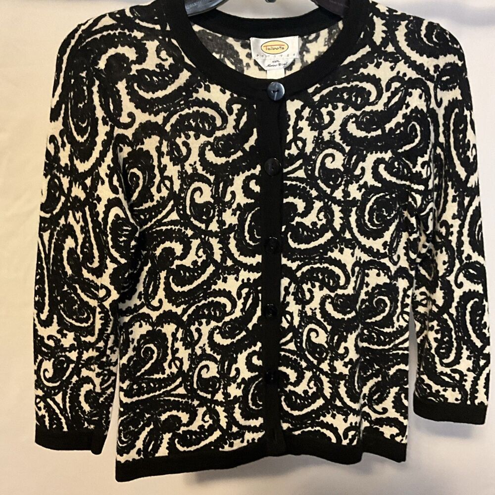 Talbots Black Paisley 100% Merino Wool Cardigan Sweater Petite XS